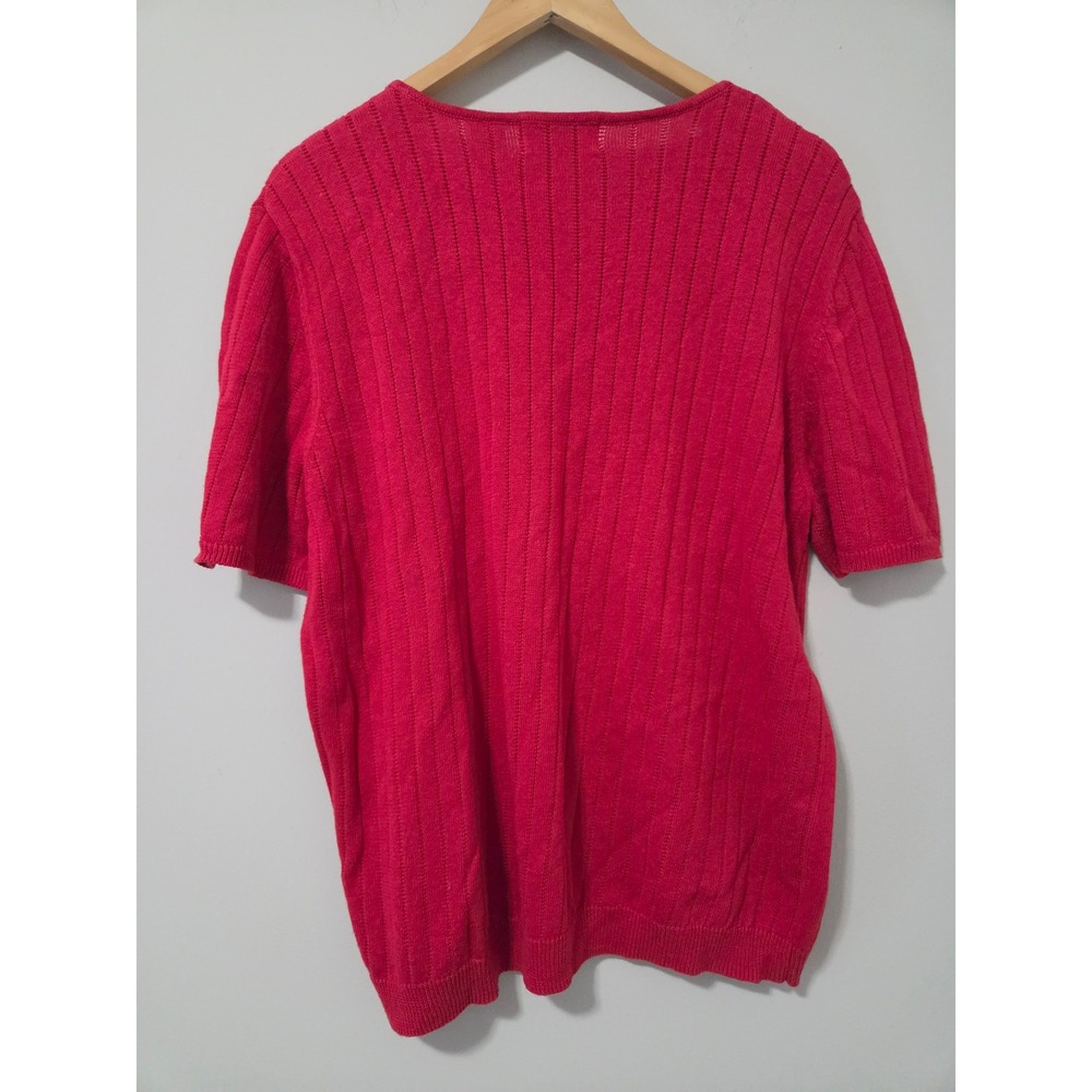 Alfred Dunner Womens Red Ribbed Knit Beaded Floral V-Neck Short Sleeve Sweater L - Picture 4 of 4